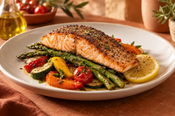 Salmão grelhado com legumes