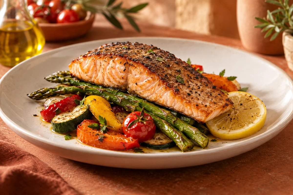 Salmão grelhado com legumes