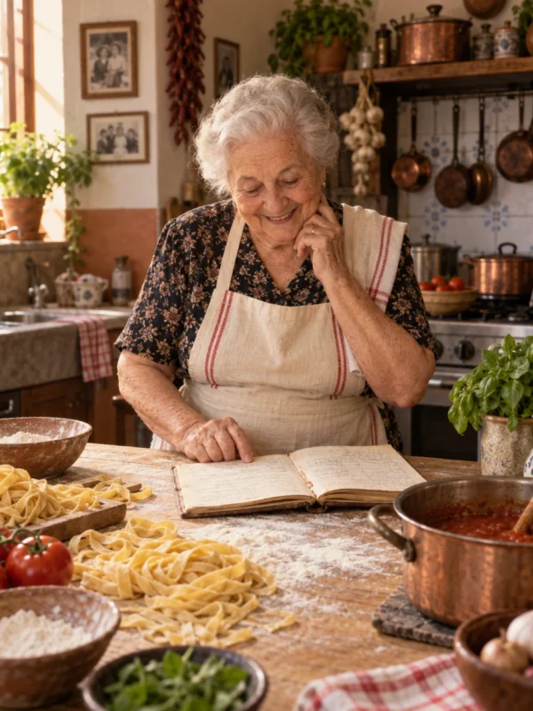 Nonna Pina com o caderno de receitas na cozinha