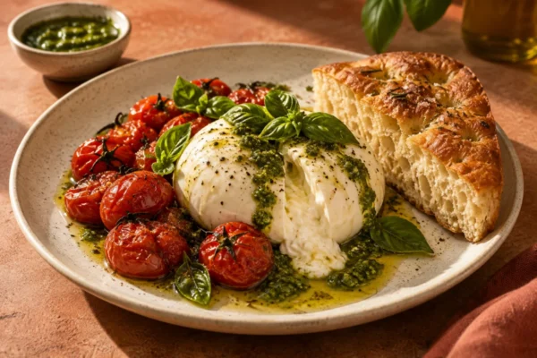 Burrata com tomates assados